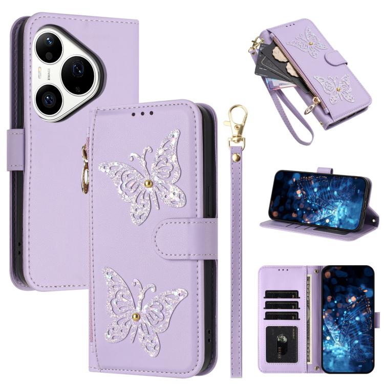 Étui de téléphone en cuir vegan à fermeture éclair avec papillons pailletés et dragonne, pour Huawei nova 16 Pro / 16 Ultra, pour Huawei Pura 90 Pro Max 5G, pour Huawei Pura 90 Pro 5G, pour Huawei Pura 90 5G