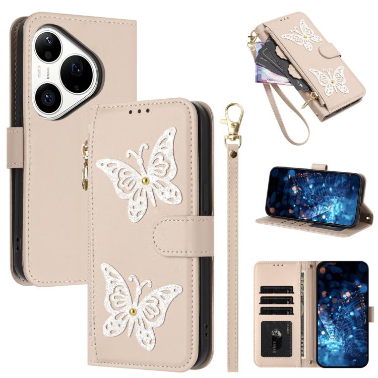 Étui de téléphone en cuir vegan à fermeture éclair avec papillons pailletés et dragonne, pour Huawei nova 16 Pro / 16 Ultra, pour Huawei Pura 90 Pro Max 5G, pour Huawei Pura 90 Pro 5G, pour Huawei Pura 90 5G