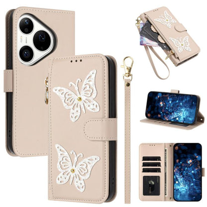 Étui de téléphone en cuir vegan à fermeture éclair avec papillons pailletés et dragonne, pour Huawei nova 16 Pro / 16 Ultra, pour Huawei Pura 90 Pro Max 5G, pour Huawei Pura 90 Pro 5G, pour Huawei Pura 90 5G