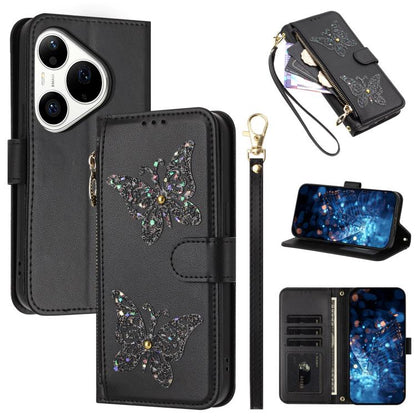 Étui de téléphone en cuir vegan à fermeture éclair avec papillons pailletés et dragonne, pour Huawei nova 16 Pro / 16 Ultra, pour Huawei Pura 90 Pro Max 5G, pour Huawei Pura 90 Pro 5G, pour Huawei Pura 90 5G