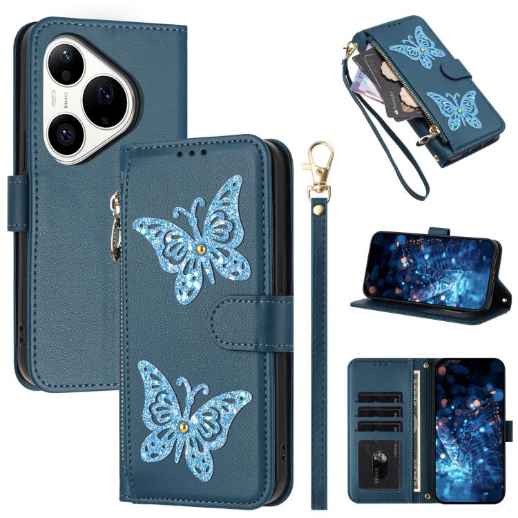 Étui de téléphone en cuir vegan à fermeture éclair avec papillons pailletés et dragonne, pour Huawei nova 16 Pro / 16 Ultra, pour Huawei Pura 90 Pro Max 5G, pour Huawei Pura 90 Pro 5G, pour Huawei Pura 90 5G