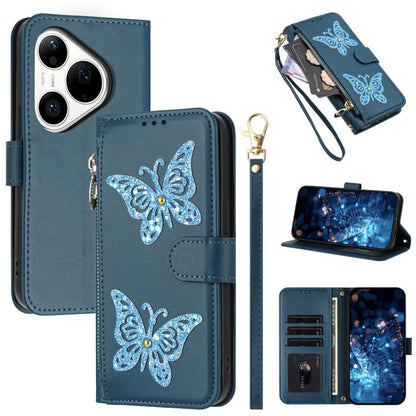 Étui de téléphone en cuir vegan à fermeture éclair avec papillons pailletés et dragonne, pour Huawei nova 16 Pro / 16 Ultra, pour Huawei Pura 90 Pro Max 5G, pour Huawei Pura 90 Pro 5G, pour Huawei Pura 90 5G