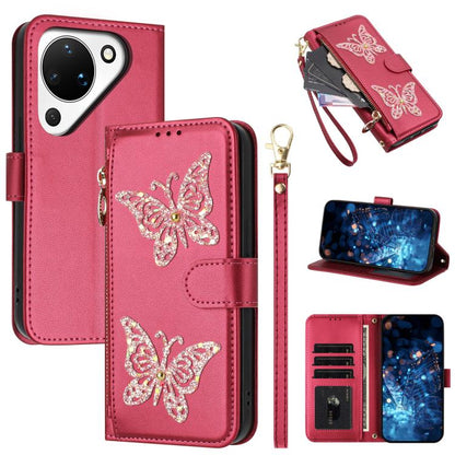 Étui de téléphone en cuir vegan à fermeture éclair avec papillons pailletés et dragonne, pour Huawei nova 16 Pro / 16 Ultra, pour Huawei Pura 90 Pro Max 5G, pour Huawei Pura 90 Pro 5G, pour Huawei Pura 90 5G