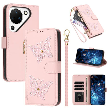 Étui de téléphone en cuir vegan à fermeture éclair avec papillons pailletés et dragonne, pour Huawei nova 16 Pro / 16 Ultra, pour Huawei Pura 90 Pro Max 5G, pour Huawei Pura 90 Pro 5G, pour Huawei Pura 90 5G