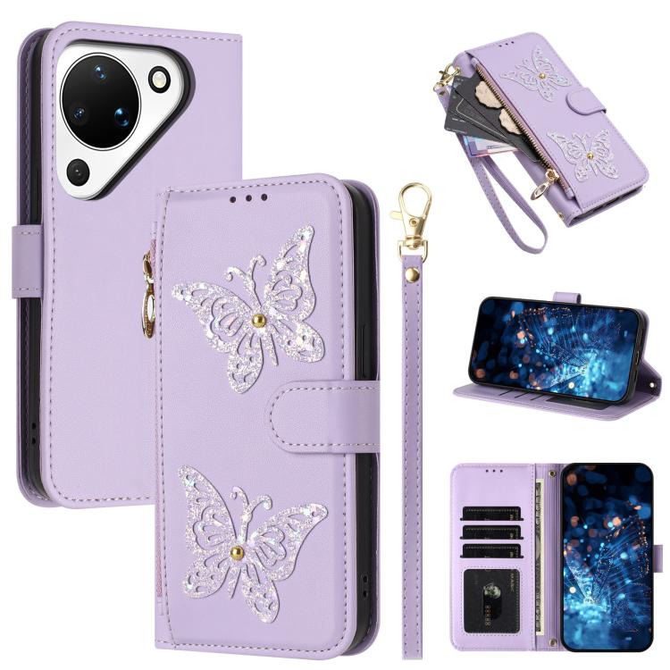 Étui de téléphone en cuir vegan à fermeture éclair avec papillons pailletés et dragonne, pour Huawei nova 16 Pro / 16 Ultra, pour Huawei Pura 90 Pro Max 5G, pour Huawei Pura 90 Pro 5G, pour Huawei Pura 90 5G