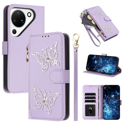 Étui de téléphone en cuir vegan à fermeture éclair avec papillons pailletés et dragonne, pour Huawei nova 16 Pro / 16 Ultra, pour Huawei Pura 90 Pro Max 5G, pour Huawei Pura 90 Pro 5G, pour Huawei Pura 90 5G