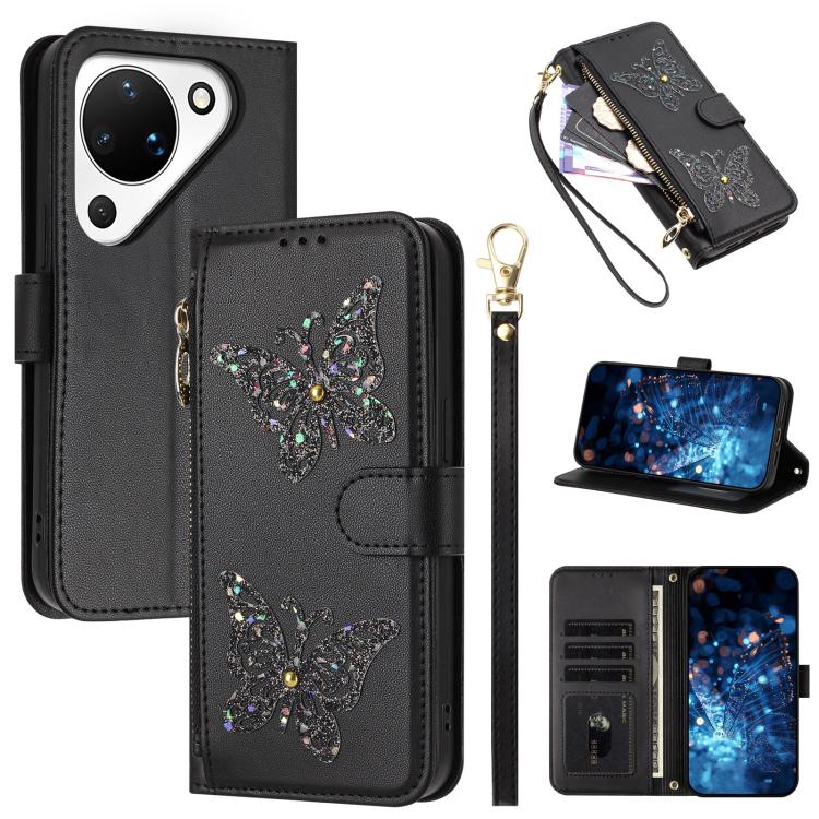 Étui de téléphone en cuir vegan à fermeture éclair avec papillons pailletés et dragonne, pour Huawei nova 16 Pro / 16 Ultra, pour Huawei Pura 90 Pro Max 5G, pour Huawei Pura 90 Pro 5G, pour Huawei Pura 90 5G