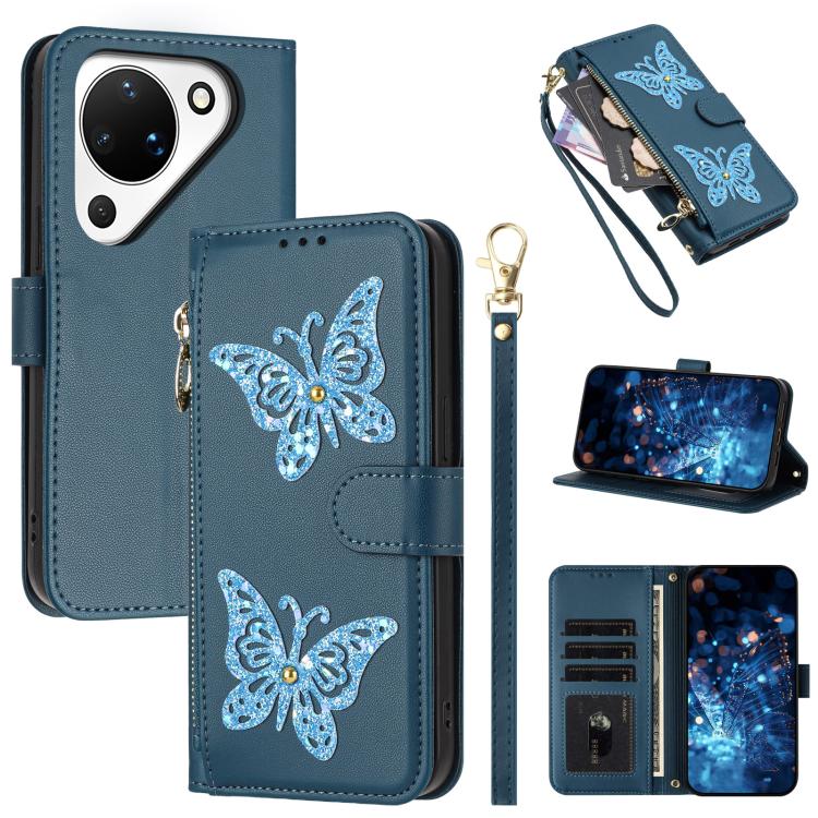 Étui de téléphone en cuir vegan à fermeture éclair avec papillons pailletés et dragonne, pour Huawei nova 16 Pro / 16 Ultra, pour Huawei Pura 90 Pro Max 5G, pour Huawei Pura 90 Pro 5G, pour Huawei Pura 90 5G