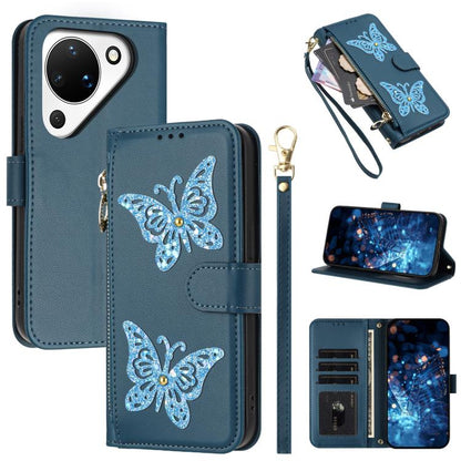 Étui de téléphone en cuir vegan à fermeture éclair avec papillons pailletés et dragonne, pour Huawei nova 16 Pro / 16 Ultra, pour Huawei Pura 90 Pro Max 5G, pour Huawei Pura 90 Pro 5G, pour Huawei Pura 90 5G