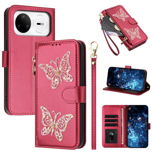 Étui de téléphone en cuir vegan à fermeture éclair avec papillons pailletés et dragonne, pour Huawei nova 16 Pro / 16 Ultra, pour Huawei Pura 90 Pro Max 5G, pour Huawei Pura 90 Pro 5G, pour Huawei Pura 90 5G
