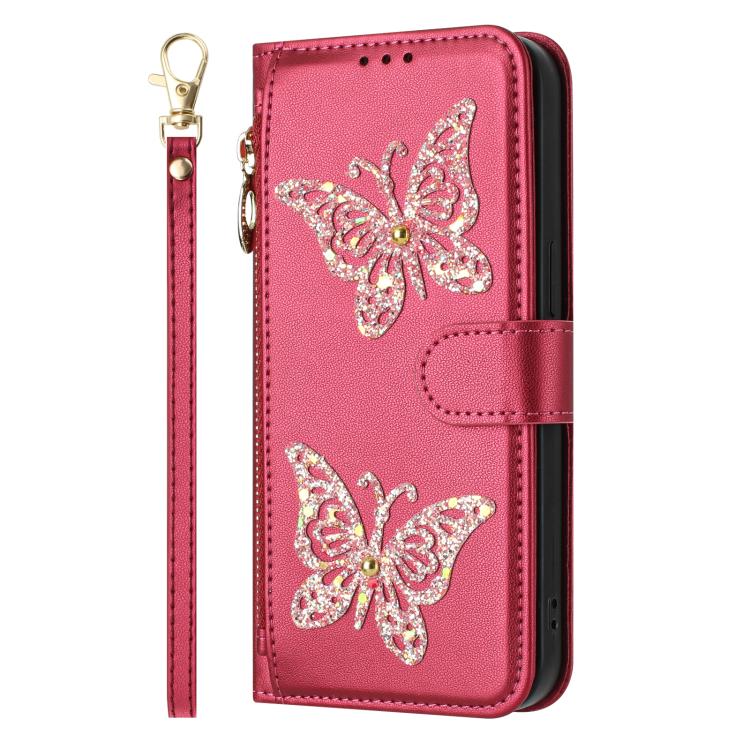 Étui de téléphone en cuir vegan à fermeture éclair avec papillons pailletés et dragonne, pour Huawei nova 16 Pro / 16 Ultra, pour Huawei Pura 90 Pro Max 5G, pour Huawei Pura 90 Pro 5G, pour Huawei Pura 90 5G