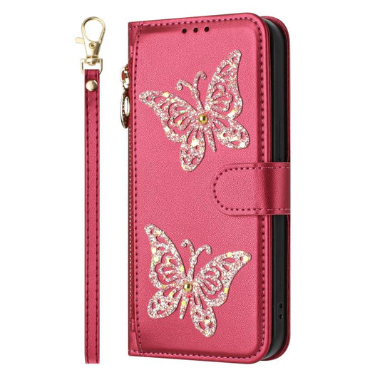 Étui de téléphone en cuir vegan à fermeture éclair avec papillons pailletés et dragonne, pour Huawei nova 16 Pro / 16 Ultra, pour Huawei Pura 90 Pro Max 5G, pour Huawei Pura 90 Pro 5G, pour Huawei Pura 90 5G