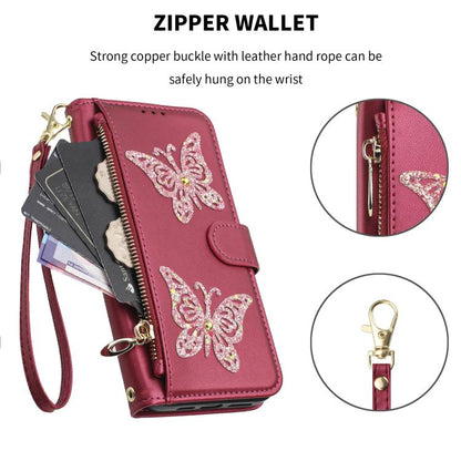 Étui de téléphone en cuir vegan à fermeture éclair avec papillons pailletés et dragonne, pour Huawei nova 16 Pro / 16 Ultra, pour Huawei Pura 90 Pro Max 5G, pour Huawei Pura 90 Pro 5G, pour Huawei Pura 90 5G