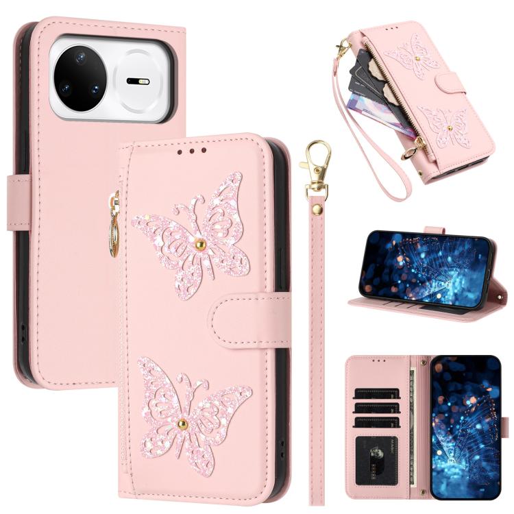 Étui de téléphone en cuir vegan à fermeture éclair avec papillons pailletés et dragonne, pour Huawei nova 16 Pro / 16 Ultra, pour Huawei Pura 90 Pro Max 5G, pour Huawei Pura 90 Pro 5G, pour Huawei Pura 90 5G