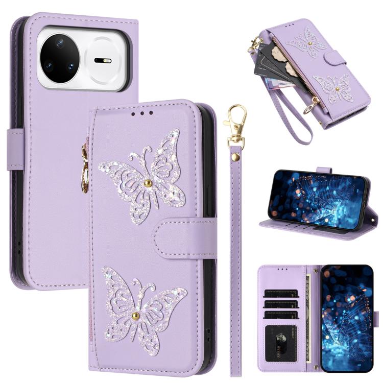 Étui de téléphone en cuir vegan à fermeture éclair avec papillons pailletés et dragonne, pour Huawei nova 16 Pro / 16 Ultra, pour Huawei Pura 90 Pro Max 5G, pour Huawei Pura 90 Pro 5G, pour Huawei Pura 90 5G