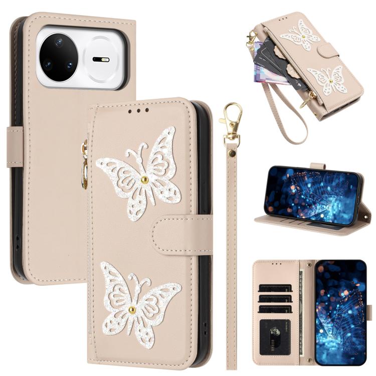 Étui de téléphone en cuir vegan à fermeture éclair avec papillons pailletés et dragonne, pour Huawei nova 16 Pro / 16 Ultra, pour Huawei Pura 90 Pro Max 5G, pour Huawei Pura 90 Pro 5G, pour Huawei Pura 90 5G