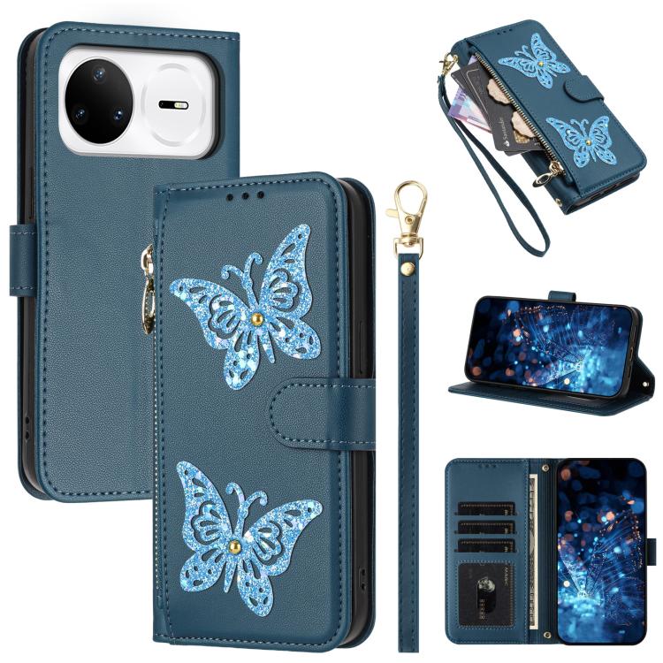 Étui de téléphone en cuir vegan à fermeture éclair avec papillons pailletés et dragonne, pour Huawei nova 16 Pro / 16 Ultra, pour Huawei Pura 90 Pro Max 5G, pour Huawei Pura 90 Pro 5G, pour Huawei Pura 90 5G