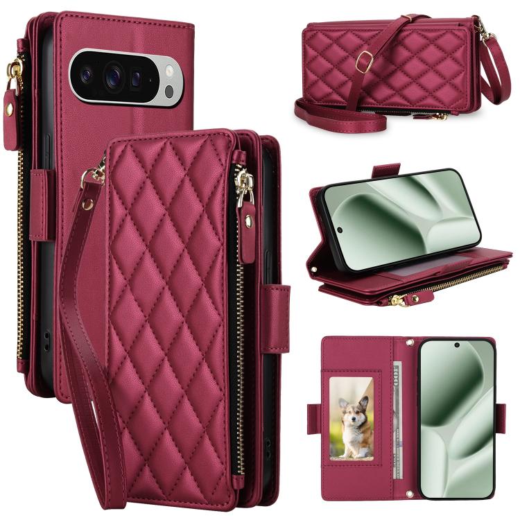 Crossbody Diamond 9 Card Slots Zipper Bag Vegan Leather Phone Case, For Google Pixel 10 Pro XL / Pixel 9 Pro XL, For Google Pixel 10 / 10 Pro / 9 / 9 Pro