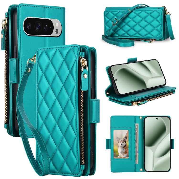 Crossbody Diamond 9 Card Slots Zipper Bag Vegan Leather Phone Case, For Google Pixel 10 Pro XL / Pixel 9 Pro XL, For Google Pixel 10 / 10 Pro / 9 / 9 Pro