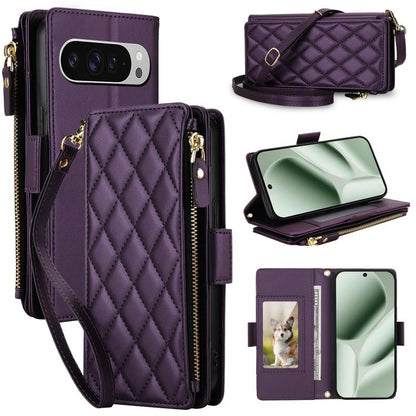 Crossbody Diamond 9 Card Slots Zipper Bag Vegan Leather Phone Case, For Google Pixel 10 Pro XL / Pixel 9 Pro XL, For Google Pixel 10 / 10 Pro / 9 / 9 Pro