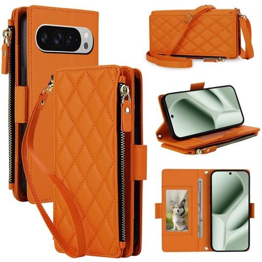Crossbody Diamond 9 Card Slots Zipper Bag Vegan Leather Phone Case, For Google Pixel 10 Pro XL / Pixel 9 Pro XL, For Google Pixel 10 / 10 Pro / 9 / 9 Pro