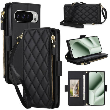 Crossbody Diamond 9 Card Slots Zipper Bag Vegan Leather Phone Case, For Google Pixel 10 Pro XL / Pixel 9 Pro XL, For Google Pixel 10 / 10 Pro / 9 / 9 Pro
