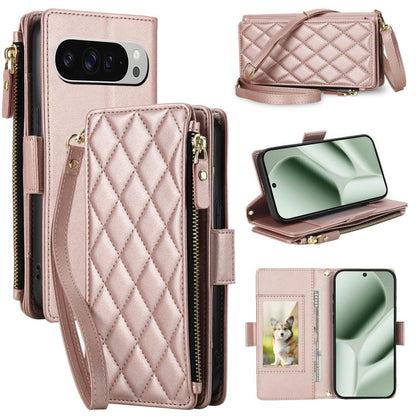 Crossbody Diamond 9 Card Slots Zipper Bag Vegan Leather Phone Case, For Google Pixel 10 Pro XL / Pixel 9 Pro XL, For Google Pixel 10 / 10 Pro / 9 / 9 Pro