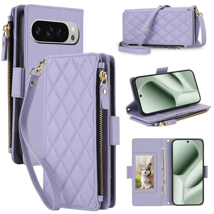 Crossbody Diamond 9 Card Slots Zipper Bag Vegan Leather Phone Case, For Google Pixel 10 Pro XL / Pixel 9 Pro XL, For Google Pixel 10 / 10 Pro / 9 / 9 Pro