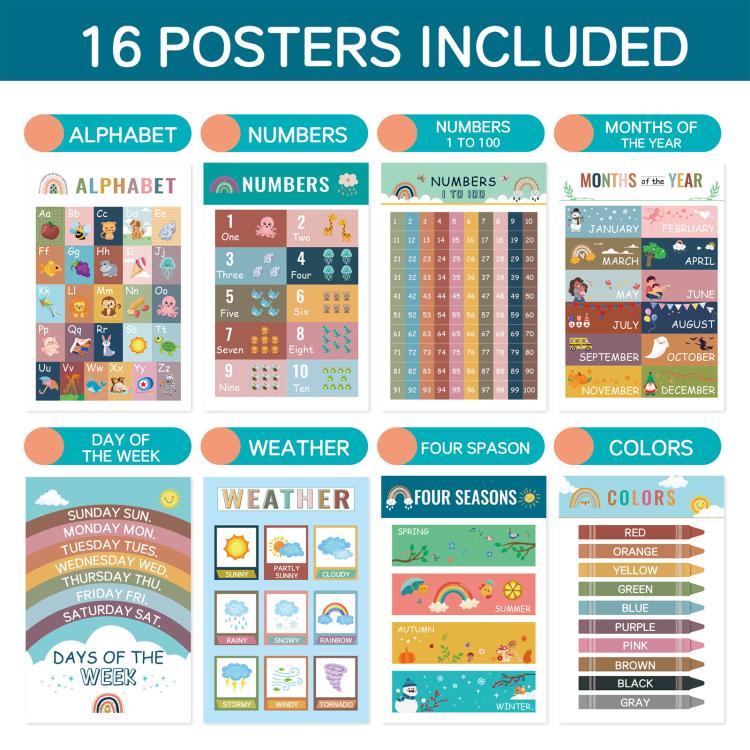 16pcs / Set Children Early Education Bohemian Style English Learning Wall Charts