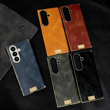 Electroplate Dual Axis Crazy Horse Texture PU Phone Case, For Galaxy Z Fold8 Ultra 5G, For Galaxy Z Fold7, For Galaxy Z Fold6, For Galaxy Z Fold5