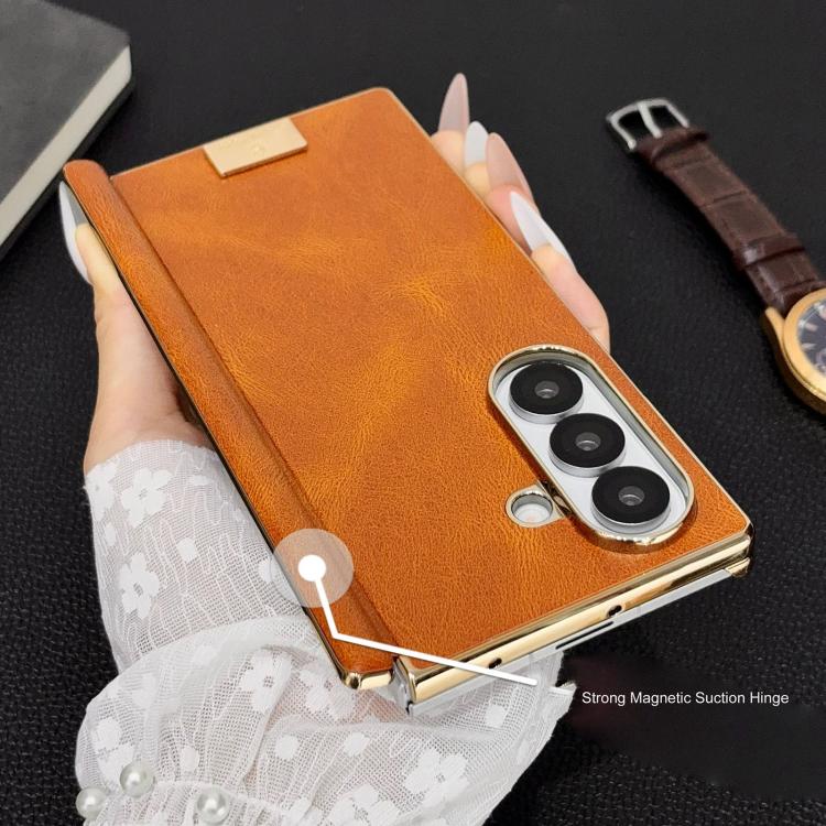 Electroplate Dual Axis Crazy Horse Texture PU Phone Case, For Galaxy Z Fold8 Ultra 5G, For Galaxy Z Fold7, For Galaxy Z Fold6, For Galaxy Z Fold5