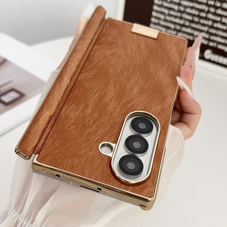 Electroplate Dual Axis Silk Texture PU Phone Case, For Galaxy Z Fold8 Ultra 5G, For Galaxy Z Fold7, For Galaxy Z Fold6, For Galaxy Z Fold5