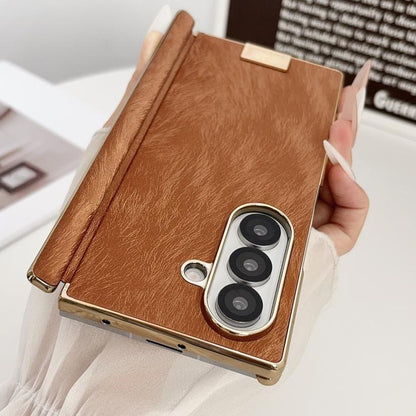 Electroplate Dual Axis Silk Texture PU Phone Case, For Galaxy Z Fold8 Ultra 5G, For Galaxy Z Fold7, For Galaxy Z Fold6, For Galaxy Z Fold5