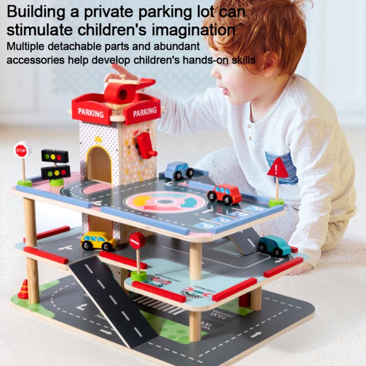 Children Wooden Pretend Play Simulation 3-tier Parking Lot