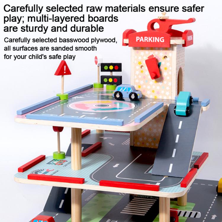 Children Wooden Pretend Play Simulation 3-tier Parking Lot