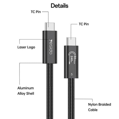 Yesido CA211 240W 16K 60Hz Type-C to Type-C Thunderbolt 5 Full Function Data Cable, 1m