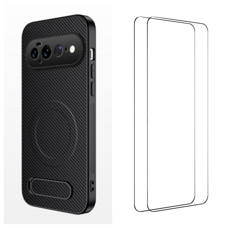 WANLONFENG Kickstand Carbon Fiber Texture Magnetic Phone Case with 2pcs Screen Films, For Google Pixel 11 Pro XL, For Google Pixel 11, For Google Pixel 11 Pro