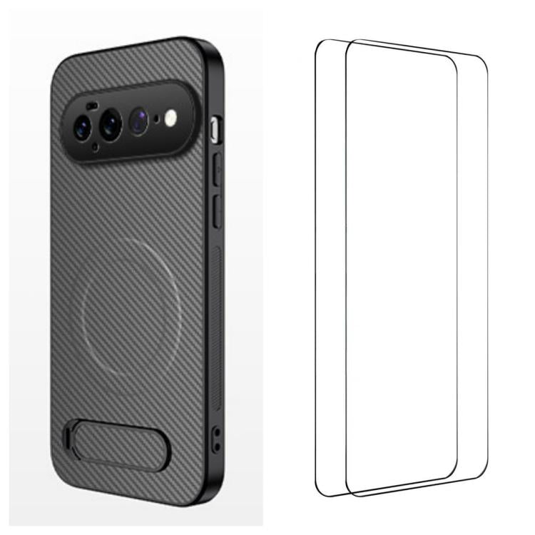 WANLONFENG Kickstand Carbon Fiber Texture Magnetic Phone Case with 2pcs Screen Films, For Google Pixel 11 Pro XL, For Google Pixel 11, For Google Pixel 11 Pro