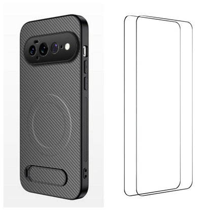WANLONFENG Kickstand Carbon Fiber Texture Magnetic Phone Case with 2pcs Screen Films, For Google Pixel 11 Pro XL, For Google Pixel 11, For Google Pixel 11 Pro