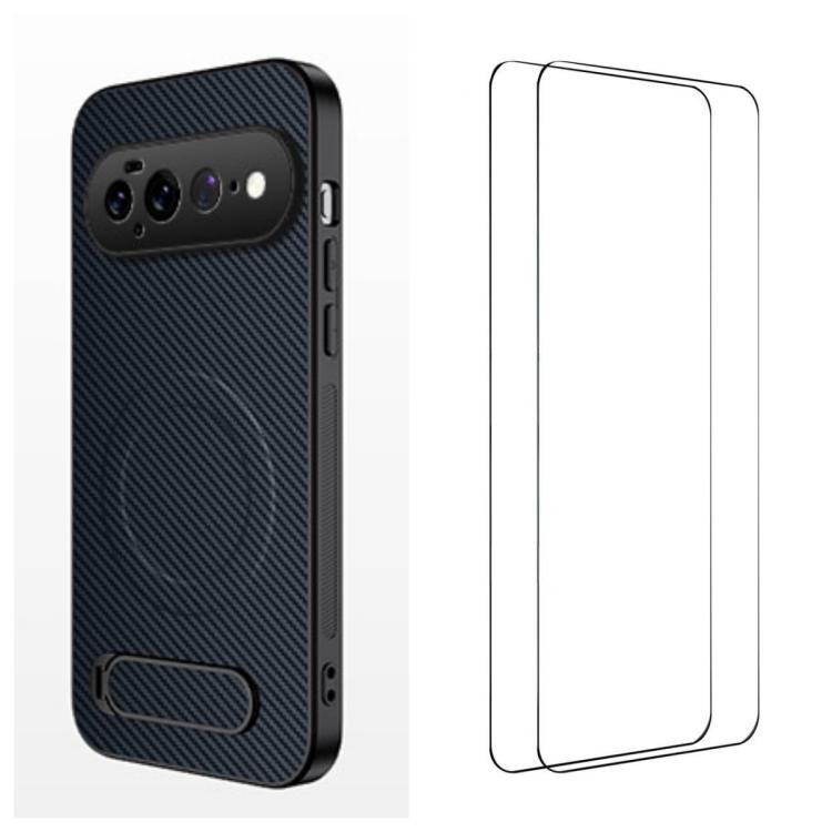 WANLONFENG Kickstand Carbon Fiber Texture Magnetic Phone Case with 2pcs Screen Films, For Google Pixel 11 Pro XL, For Google Pixel 11, For Google Pixel 11 Pro
