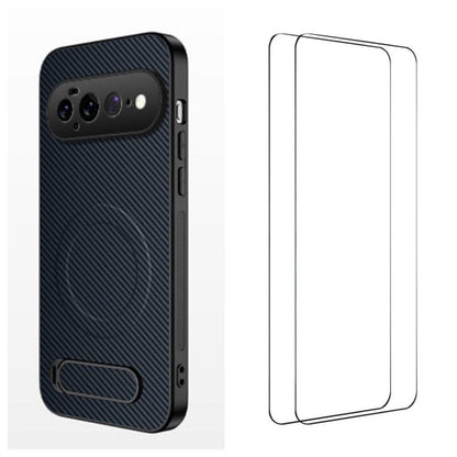 WANLONFENG Kickstand Carbon Fiber Texture Magnetic Phone Case with 2pcs Screen Films, For Google Pixel 11 Pro XL, For Google Pixel 11, For Google Pixel 11 Pro