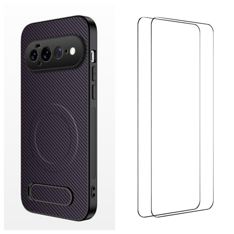 WANLONFENG Kickstand Carbon Fiber Texture Magnetic Phone Case with 2pcs Screen Films, For Google Pixel 11 Pro XL, For Google Pixel 11, For Google Pixel 11 Pro