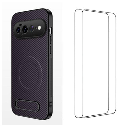 WANLONFENG Kickstand Carbon Fiber Texture Magnetic Phone Case with 2pcs Screen Films, For Google Pixel 11 Pro XL, For Google Pixel 11, For Google Pixel 11 Pro