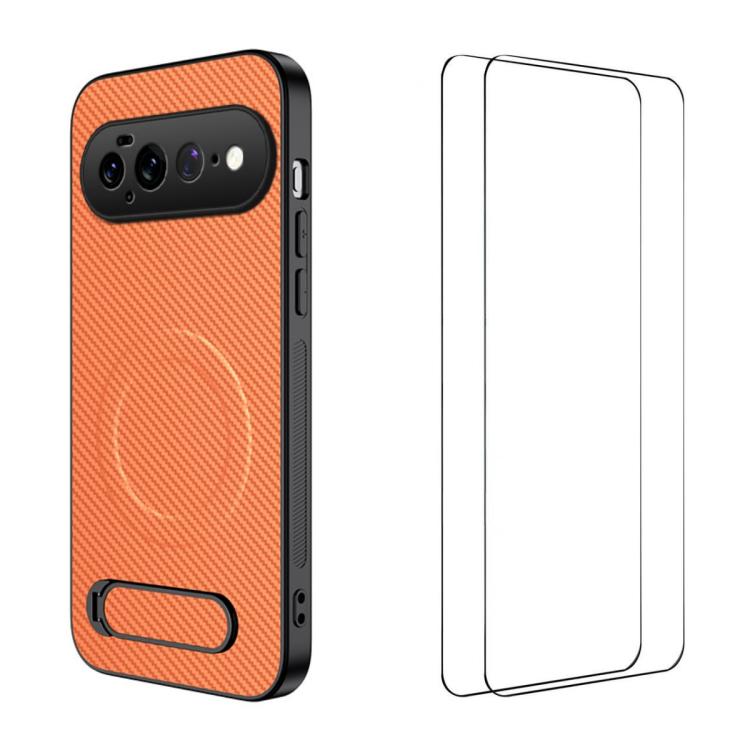 WANLONFENG Kickstand Carbon Fiber Texture Magnetic Phone Case with 2pcs Screen Films, For Google Pixel 11 Pro XL, For Google Pixel 11, For Google Pixel 11 Pro