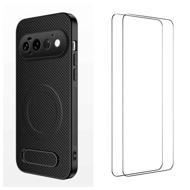 WANLONFENG Kickstand Carbon Fiber Texture Magnetic Phone Case with 2pcs Screen Films, For Google Pixel 11 Pro XL, For Google Pixel 11, For Google Pixel 11 Pro