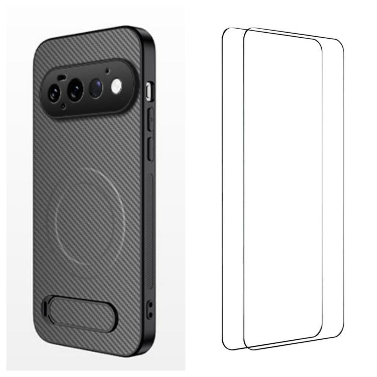 WANLONFENG Kickstand Carbon Fiber Texture Magnetic Phone Case with 2pcs Screen Films, For Google Pixel 11 Pro XL, For Google Pixel 11, For Google Pixel 11 Pro