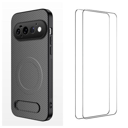 WANLONFENG Kickstand Carbon Fiber Texture Magnetic Phone Case with 2pcs Screen Films, For Google Pixel 11 Pro XL, For Google Pixel 11, For Google Pixel 11 Pro