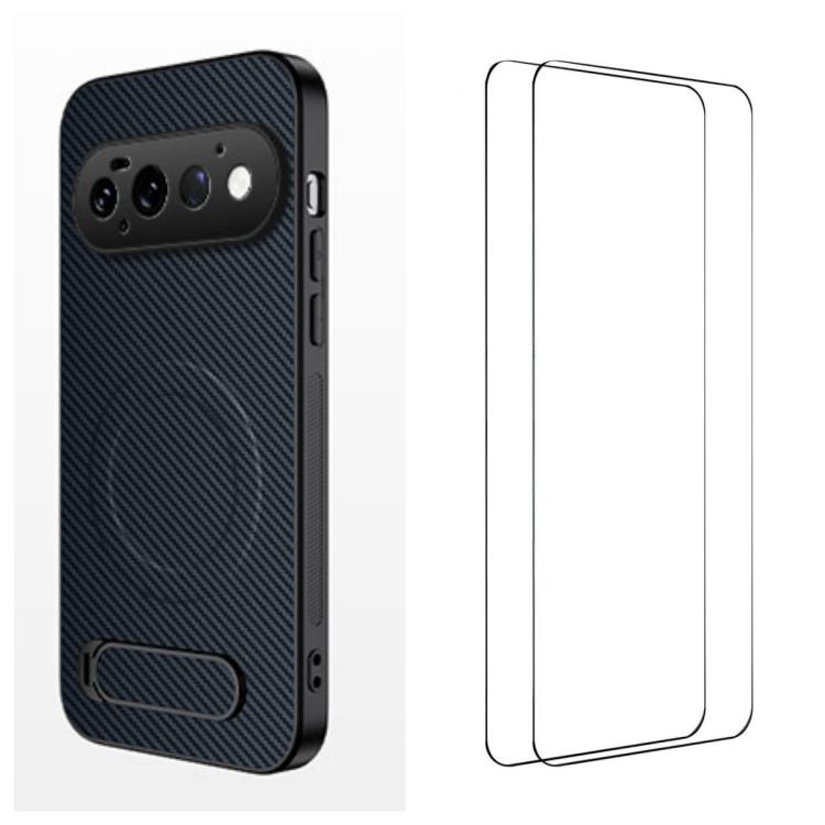 WANLONFENG Kickstand Carbon Fiber Texture Magnetic Phone Case with 2pcs Screen Films, For Google Pixel 11 Pro XL, For Google Pixel 11, For Google Pixel 11 Pro