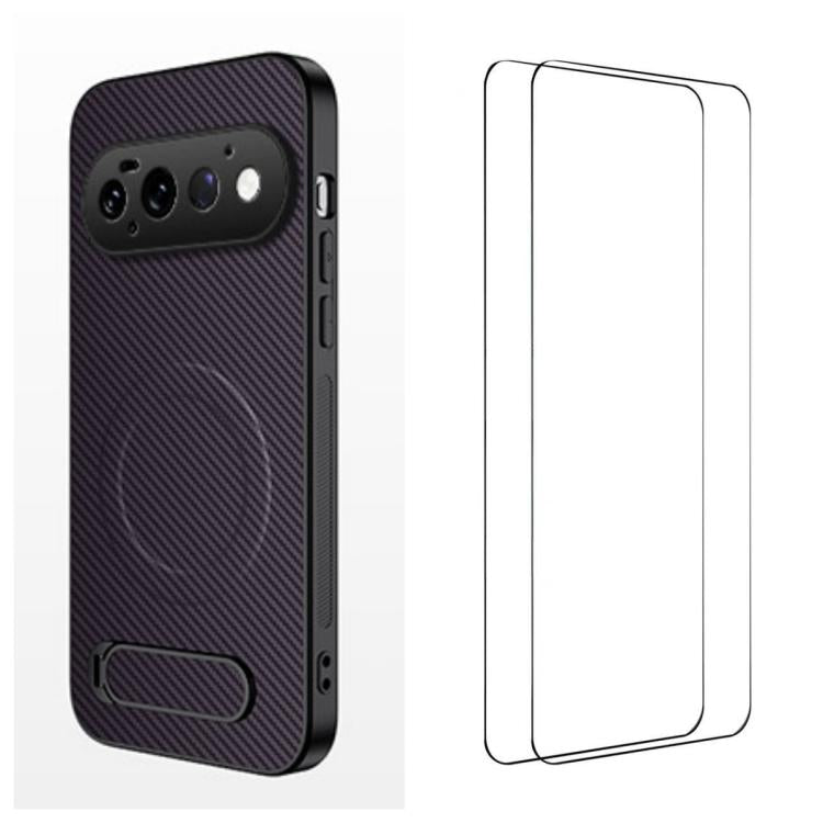 WANLONFENG Kickstand Carbon Fiber Texture Magnetic Phone Case with 2pcs Screen Films, For Google Pixel 11 Pro XL, For Google Pixel 11, For Google Pixel 11 Pro