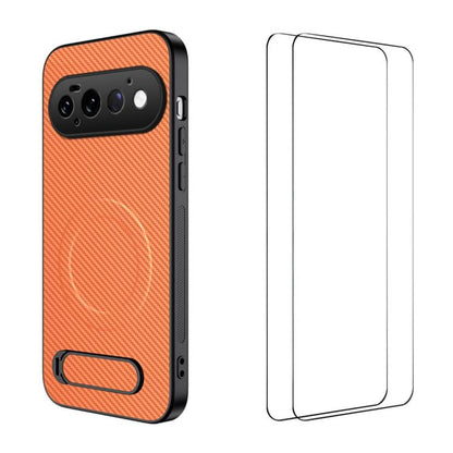 WANLONFENG Kickstand Carbon Fiber Texture Magnetic Phone Case with 2pcs Screen Films, For Google Pixel 11 Pro XL, For Google Pixel 11, For Google Pixel 11 Pro